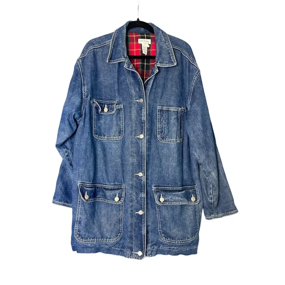 Vtg‎ Jones New York Womens Denim Chore Jacket 2X Classic Barn Plaid Cotton Dark